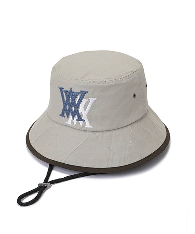 ANEW Golf Double Logo Bucket Hat featuring double logos and zigzag embroidery, with a detachable chin strap for secure fit.