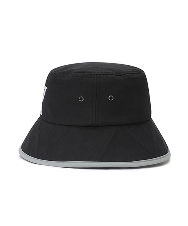 ANEW Golf Double Logo Bucket Hat featuring double logos and zigzag embroidery, with a detachable chin strap for secure fit.