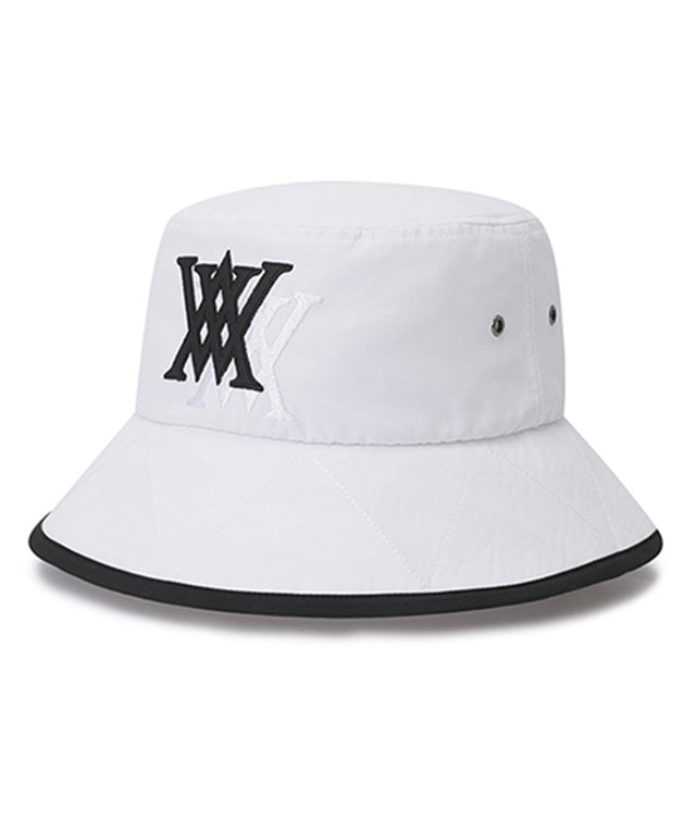 ANEW Golf Double Logo Bucket Hat featuring double logos and zigzag embroidery, with a detachable chin strap for secure fit.