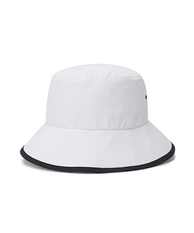 ANEW Golf Double Logo Bucket Hat featuring double logos and zigzag embroidery, with a detachable chin strap for secure fit.