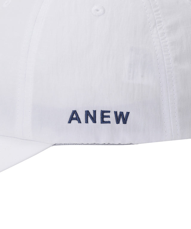 ANEW Golf Light Shining Ball Cap made of nylon fabric with subtle luster, featuring ANEW logo embroidery on the back and adjustable velcro strap.