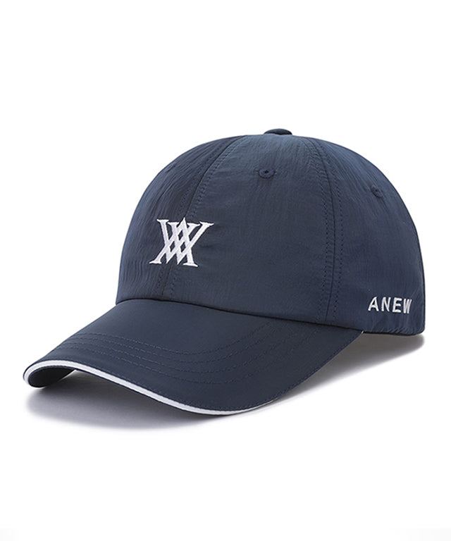 ANEW Golf Light Shining Ball Cap made of nylon fabric with subtle luster, featuring ANEW logo embroidery on the back and adjustable velcro strap.