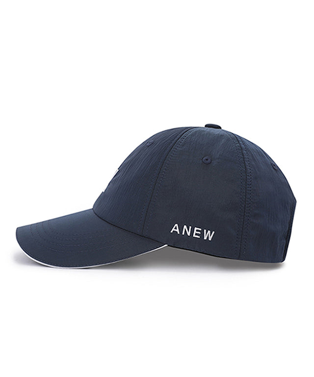 ANEW Golf Light Shining Ball Cap made of nylon fabric with subtle luster, featuring ANEW logo embroidery on the back and adjustable velcro strap.