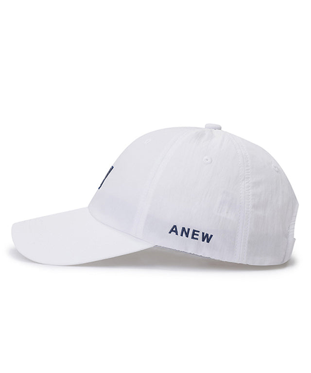 ANEW Golf Light Shining Ball Cap made of nylon fabric with subtle luster, featuring ANEW logo embroidery on the back and adjustable velcro strap.