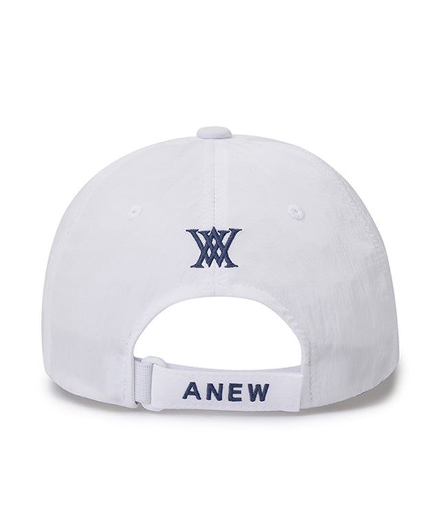 ANEW Golf Light Shining Ball Cap made of nylon fabric with subtle luster, featuring ANEW logo embroidery on the back and adjustable velcro strap.