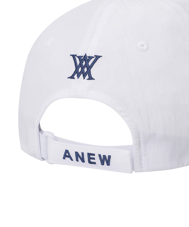 ANEW Golf Light Shining Ball Cap made of nylon fabric with subtle luster, featuring ANEW logo embroidery on the back and adjustable velcro strap.