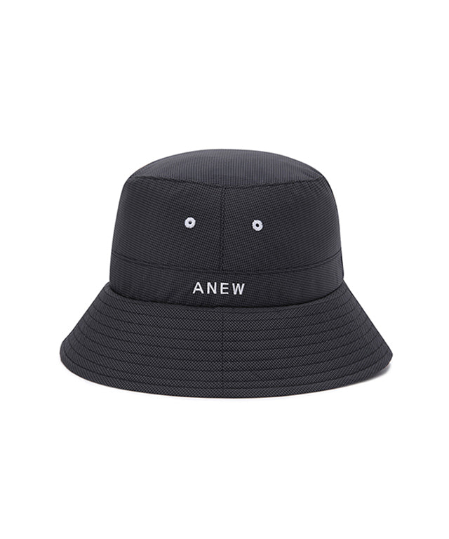 ANEW Golf Nylon Ripstop Bucket Hat featuring a stylish graphic logo, lightweight design, and detachable strap for windy conditions.