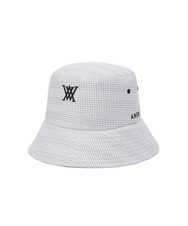 ANEW Golf Nylon Ripstop Bucket Hat featuring a stylish graphic logo, lightweight design, and detachable strap for windy conditions.