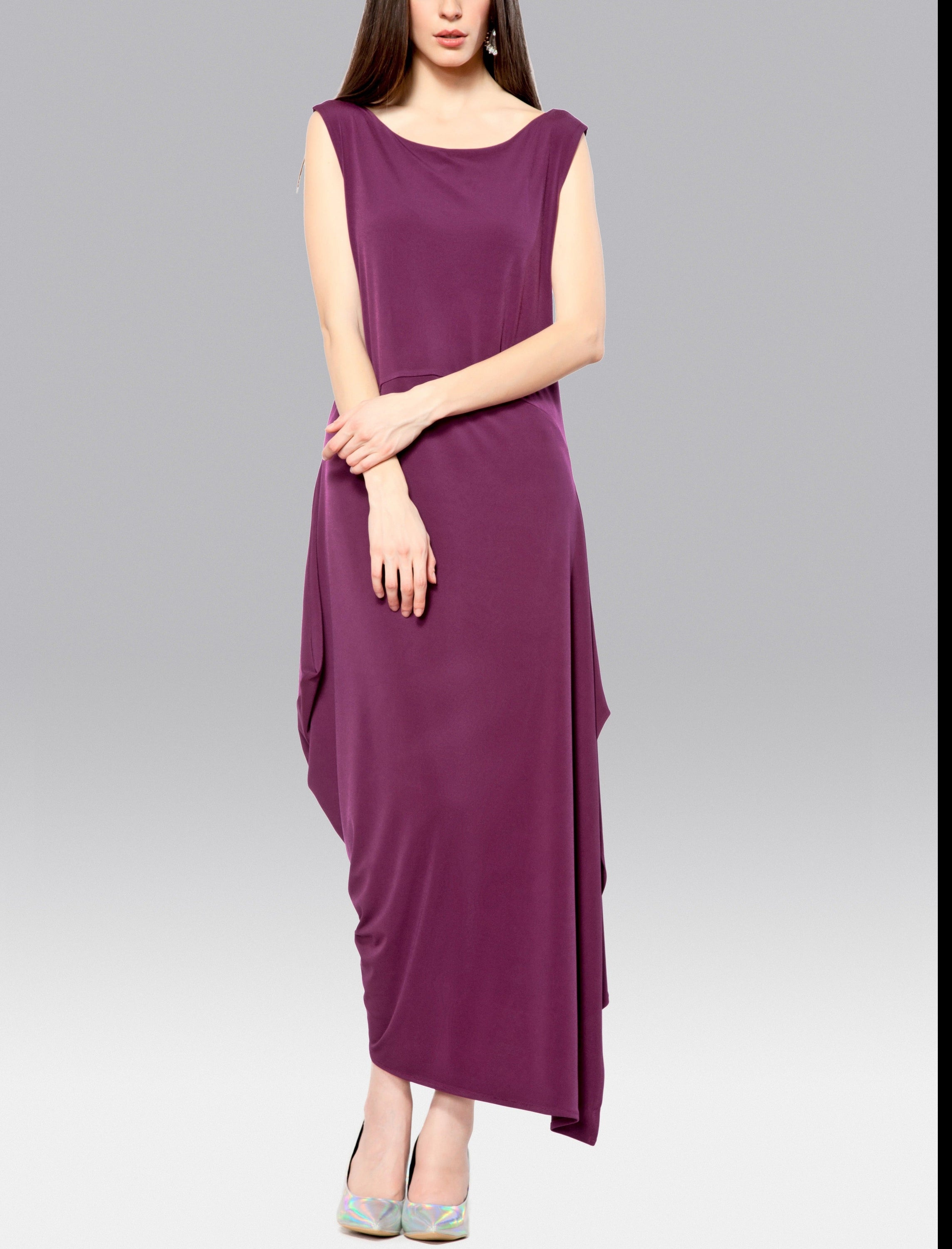 A stylish Angled Dress featuring a double layer bodice and asymmetric hem, perfect for modern fashion enthusiasts.