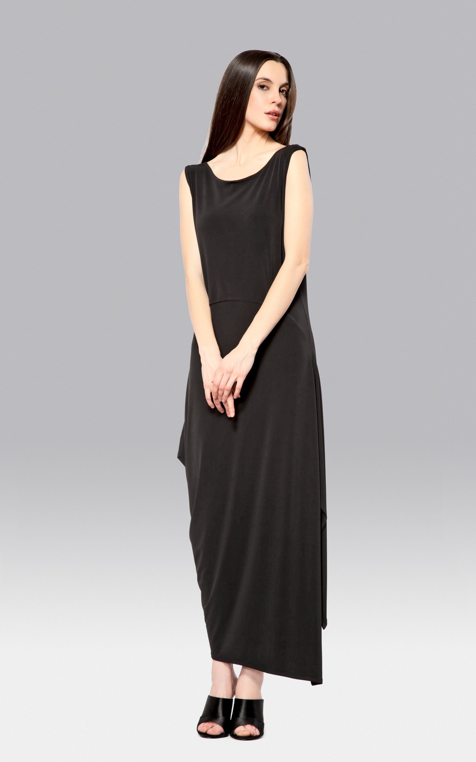 A stylish Angled Dress featuring a double layer bodice and asymmetric hem, perfect for modern fashion enthusiasts.