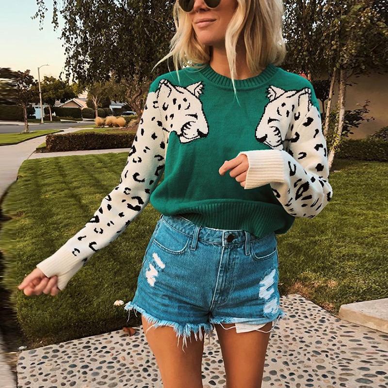 A stylish women's animal print casual pullover featuring full-length sleeves and an O-neck collar, perfect for winter streetwear.