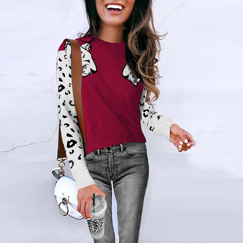 A stylish women's animal print casual pullover featuring full-length sleeves and an O-neck collar, perfect for winter streetwear.