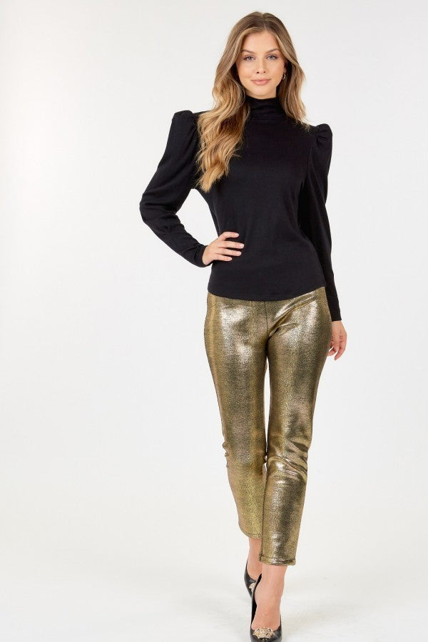 A pair of stylish Animal Skin Vinyl Ankle Pants in gold, showcasing a unique animal skin texture and ankle-length design.