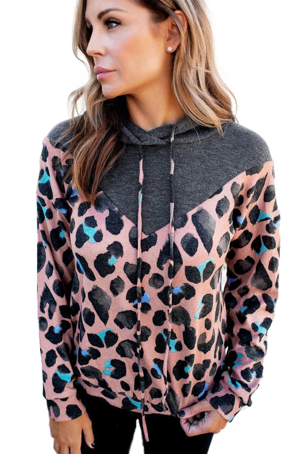 A stylish Animal Spotted Pullover Hoodie featuring a trendy animal print in pastel hues with a charcoal gray block at the neckline.