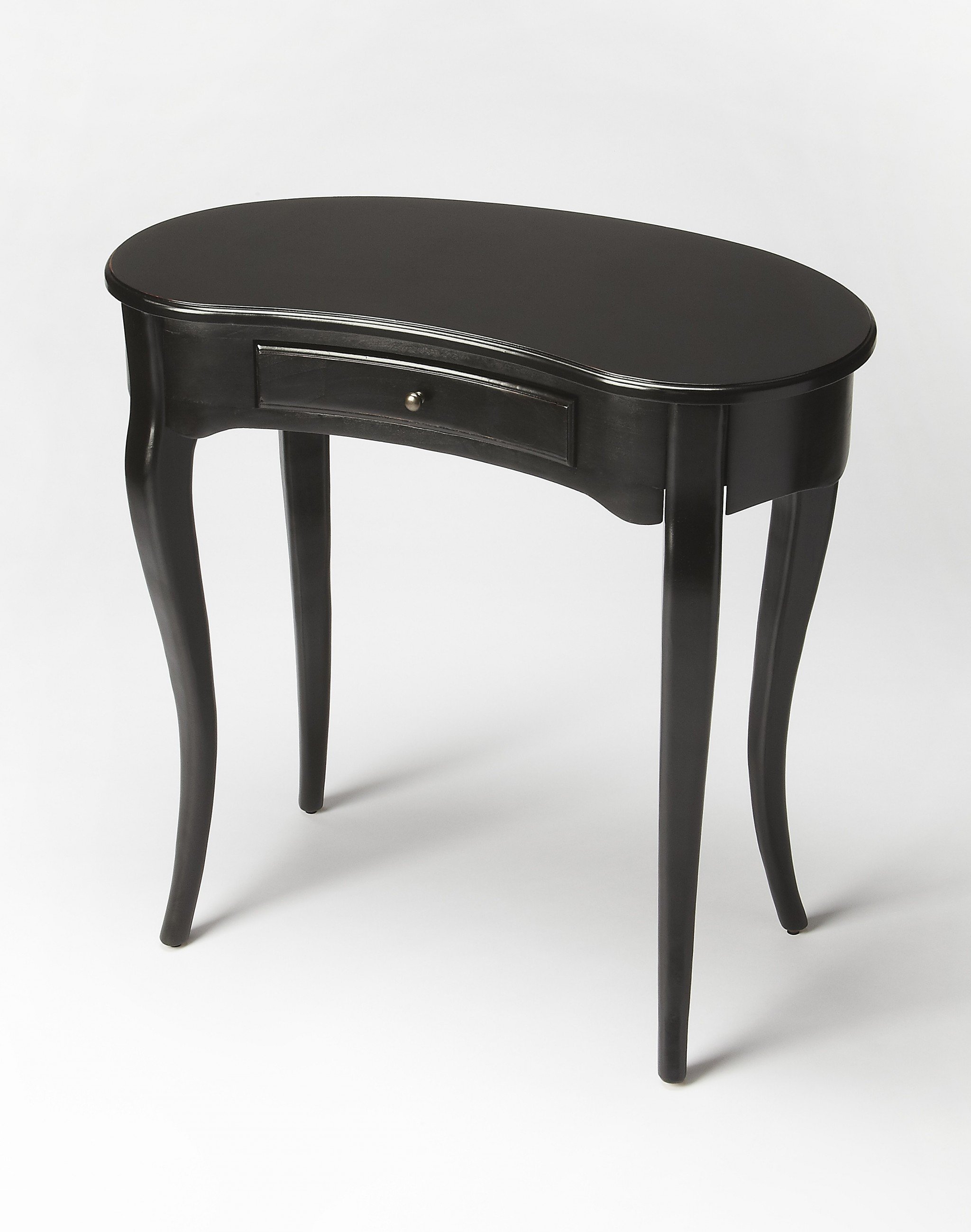 Antiqued Black Writing Desk featuring a crescent shape, black licorice finish, and elegant cabriole legs.