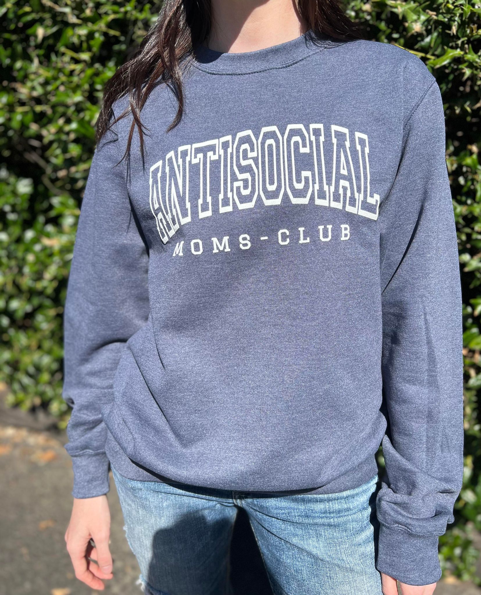 Antisocial Moms Club Sweatshirt in Heather Navy with white screen print design, showcasing a cozy crewneck style.