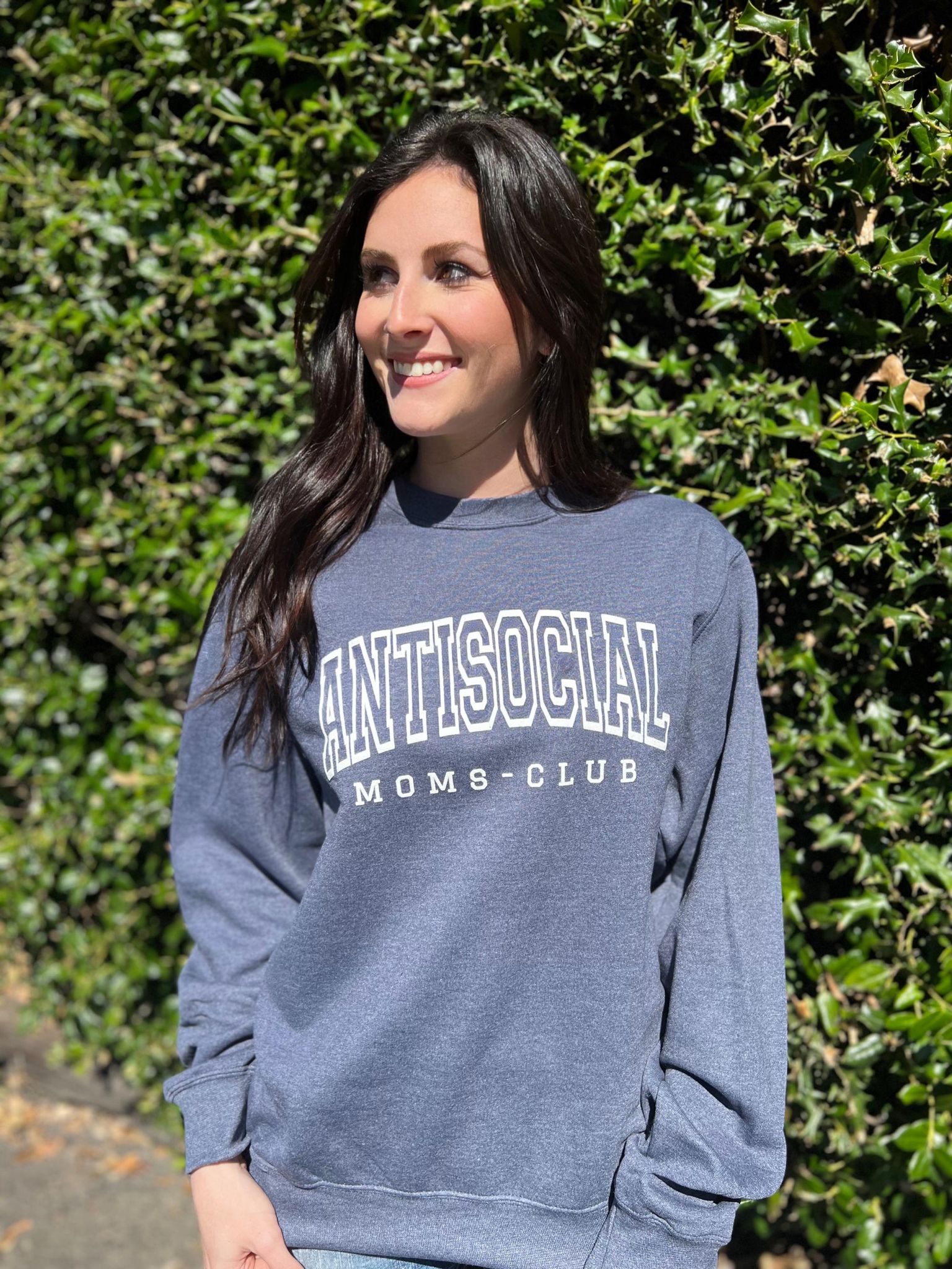 Antisocial Moms Club Sweatshirt in Heather Navy with white screen print design, showcasing a cozy crewneck style.