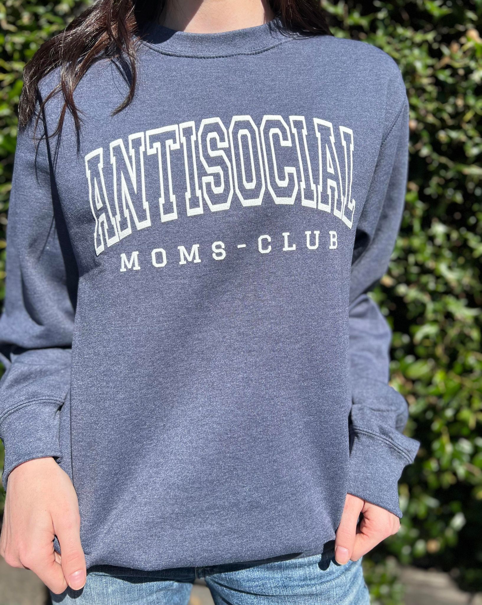 Antisocial Moms Club Sweatshirt in Heather Navy with white screen print design, showcasing a cozy crewneck style.