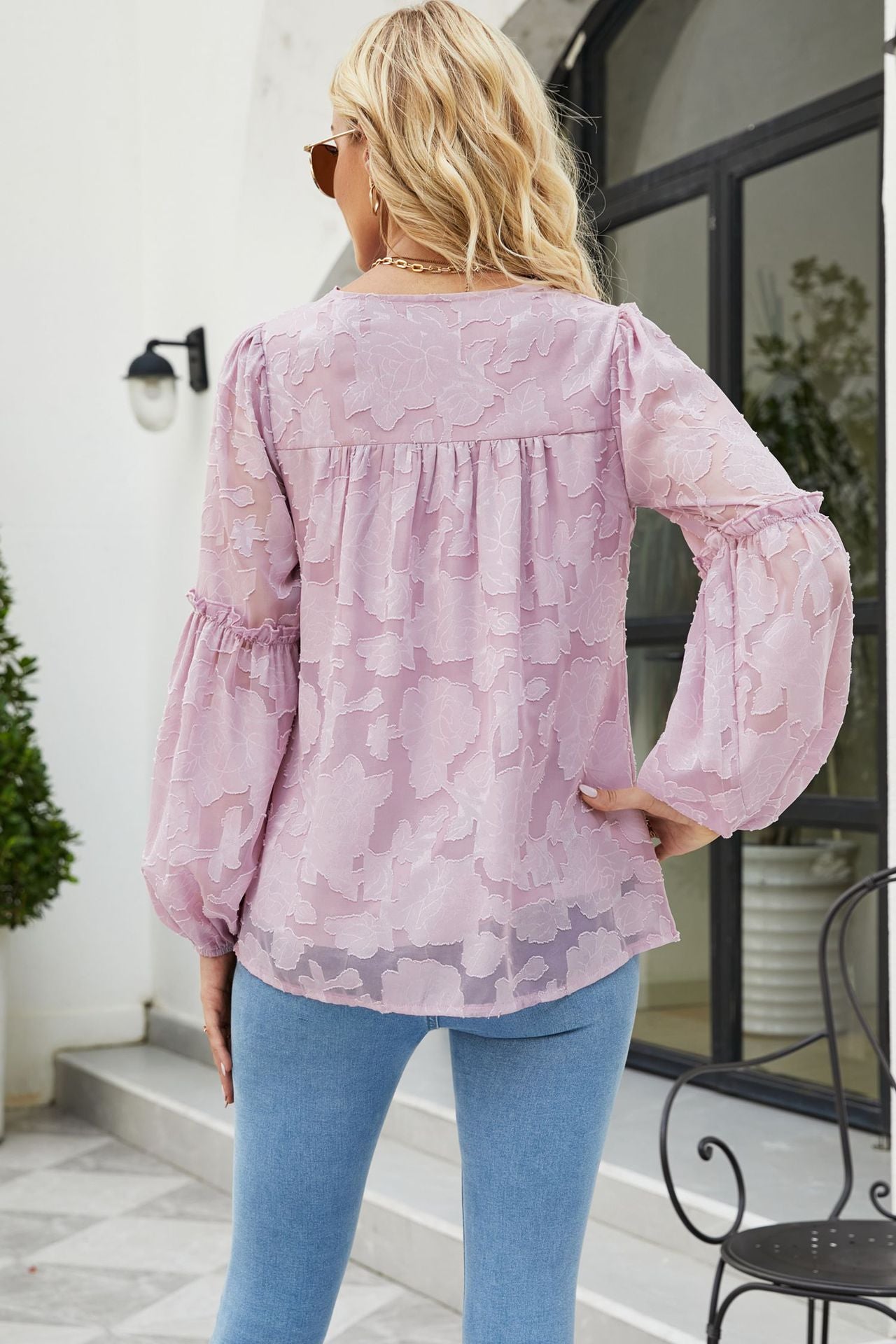 Applique Frill Trim Gathered Detail Blouse in various colors with long lantern sleeves and V-neckline.