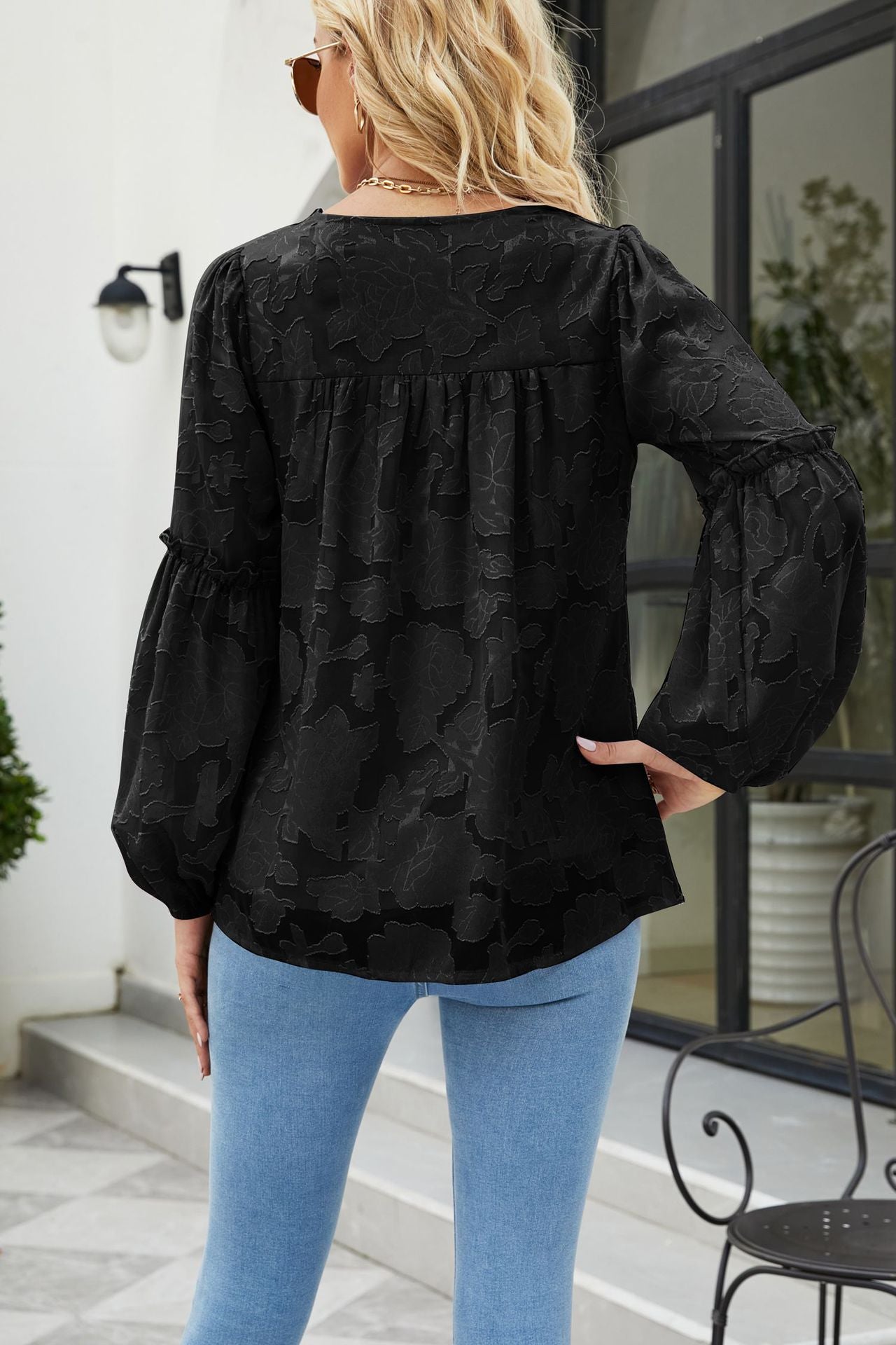 Applique Frill Trim Gathered Detail Blouse in various colors with long lantern sleeves and V-neckline.