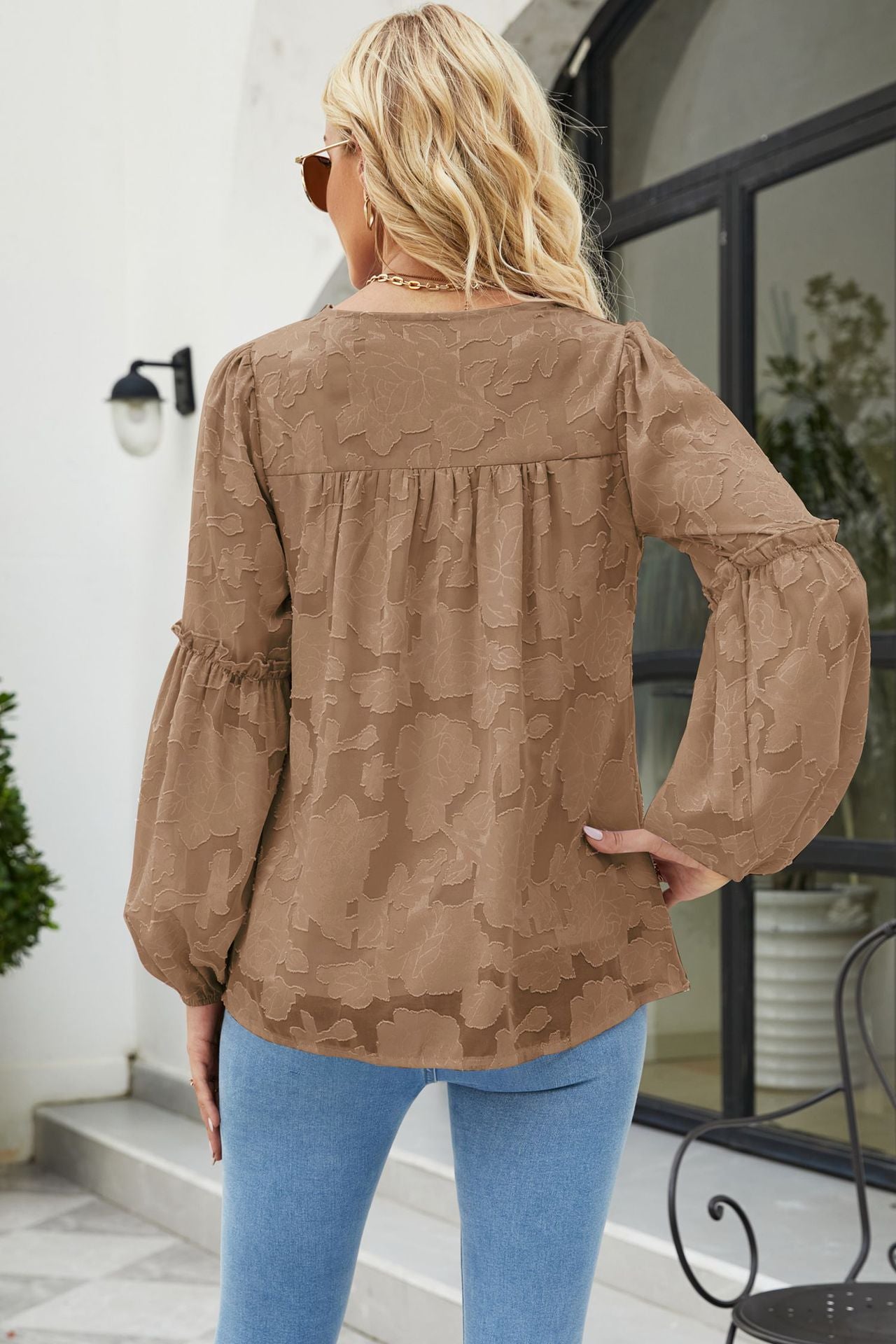 Applique Frill Trim Gathered Detail Blouse in various colors with long lantern sleeves and V-neckline.