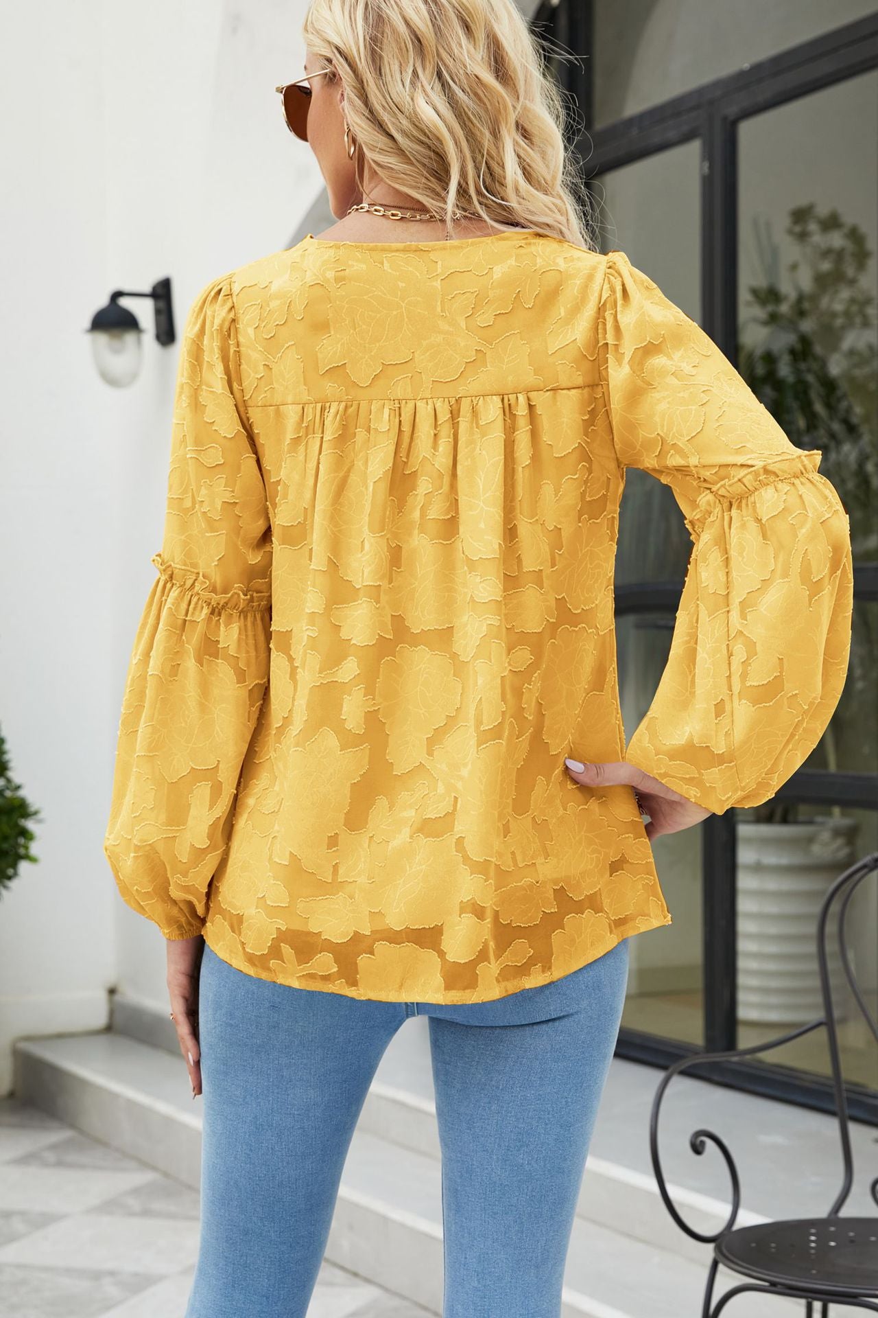 Applique Frill Trim Gathered Detail Blouse in various colors with long lantern sleeves and V-neckline.