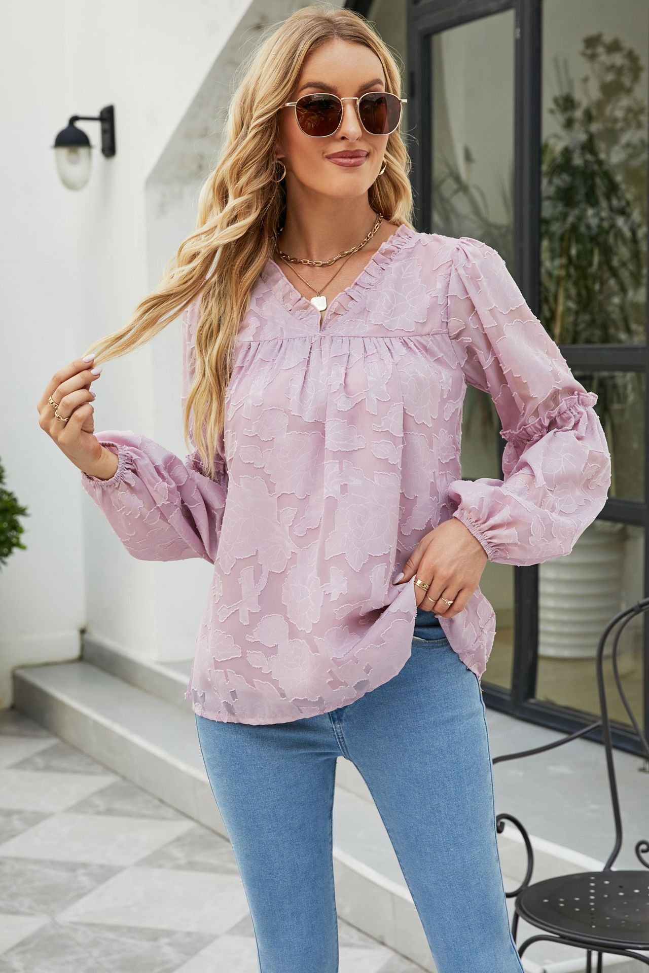 Applique Frill Trim Gathered Detail Blouse in various colors with long lantern sleeves and V-neckline.