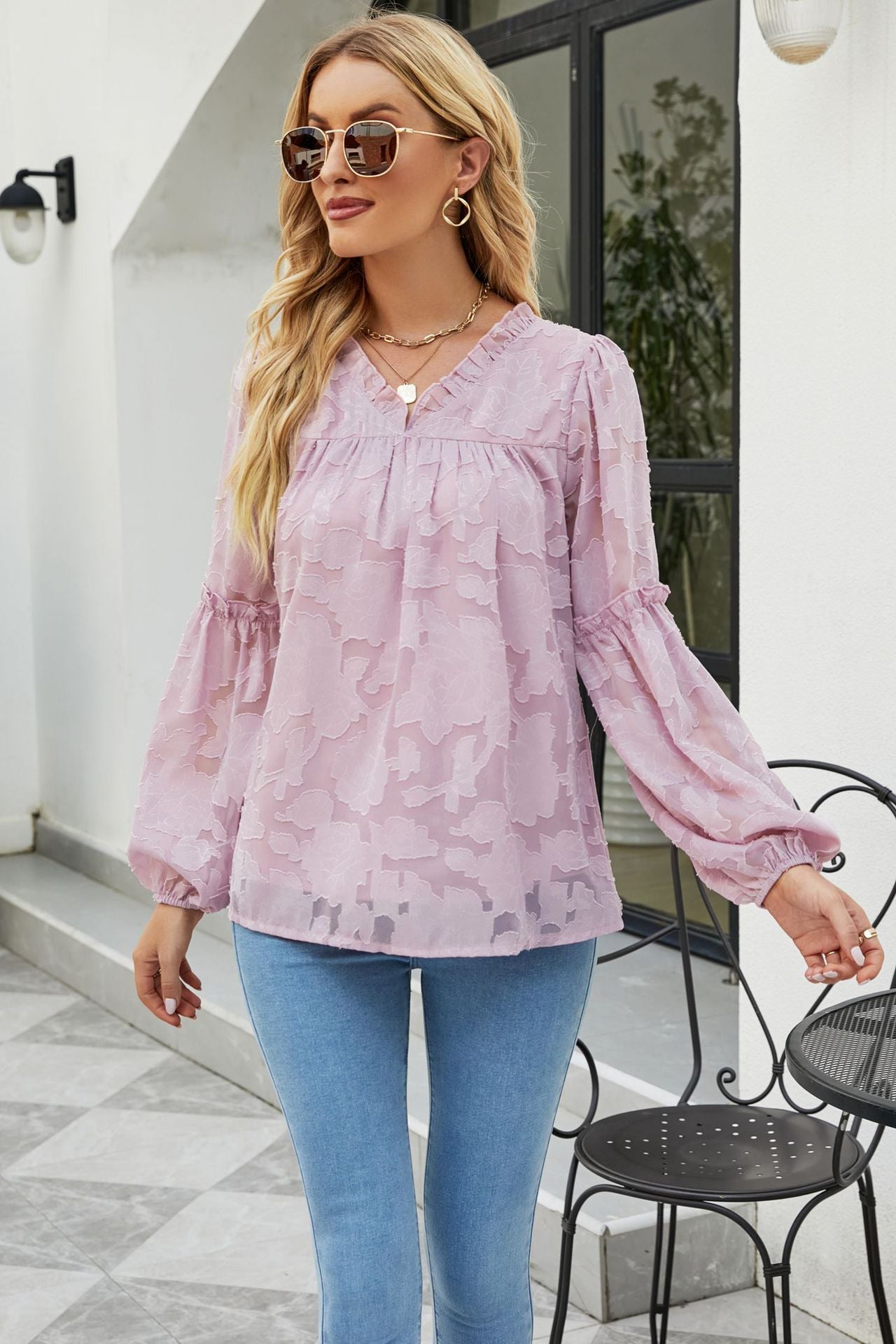 Applique Frill Trim Gathered Detail Blouse in various colors with long lantern sleeves and V-neckline.