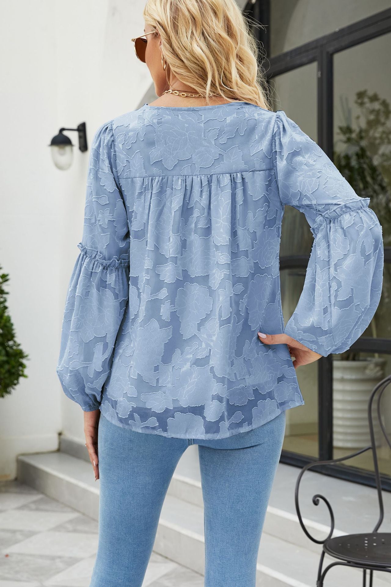 Applique Frill Trim Gathered Detail Blouse in various colors with long lantern sleeves and V-neckline.