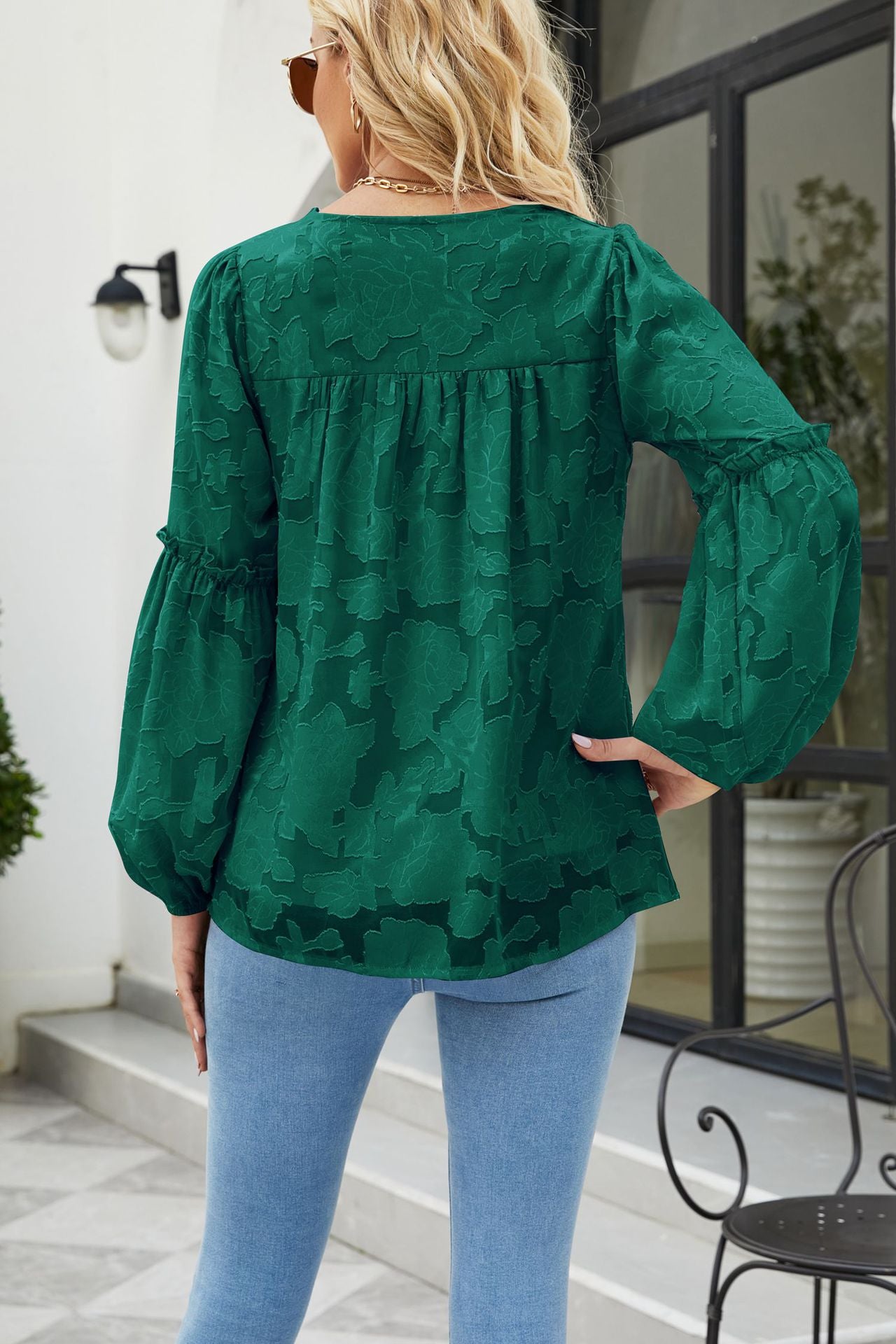 Applique Frill Trim Gathered Detail Blouse in various colors with long lantern sleeves and V-neckline.