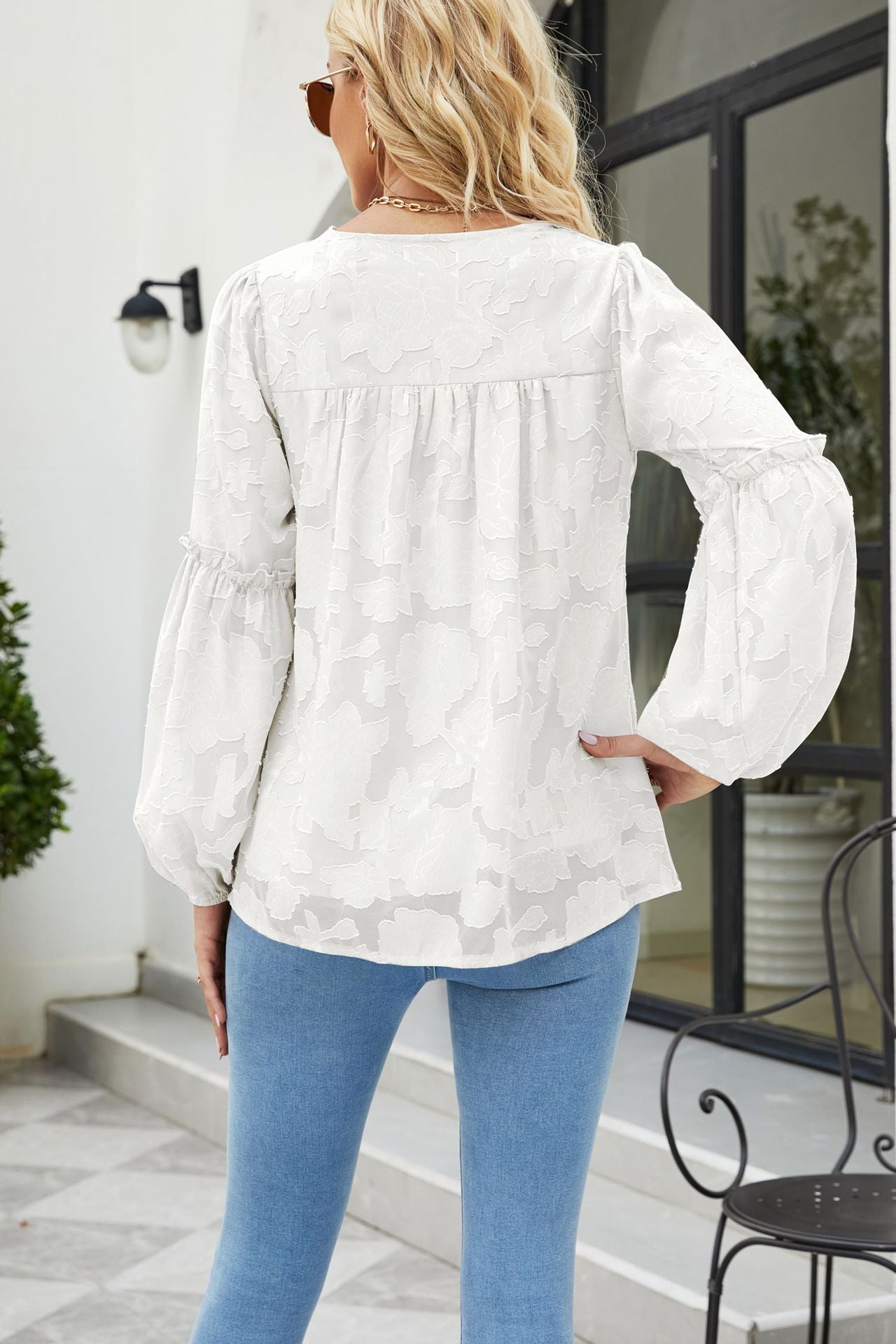 Applique Frill Trim Gathered Detail Blouse in various colors with long lantern sleeves and V-neckline.