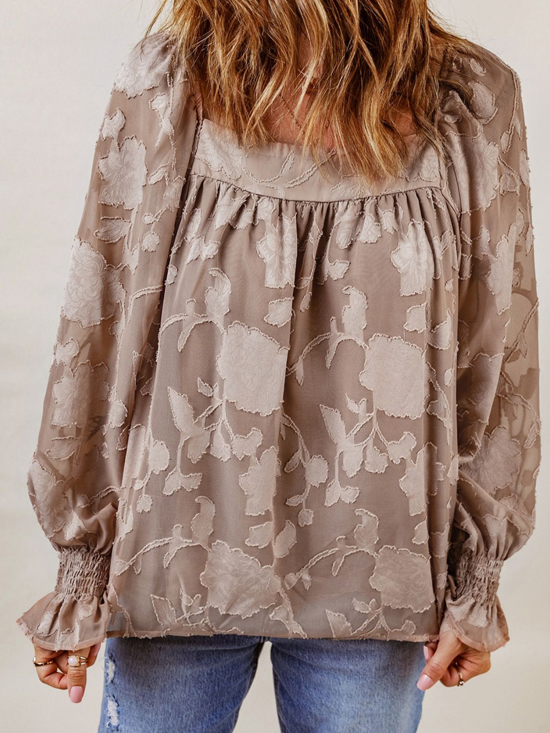 A stylish Applique Square Neck Flounce Sleeve Blouse in solid color, featuring elegant flounce sleeves and a modern square neckline.