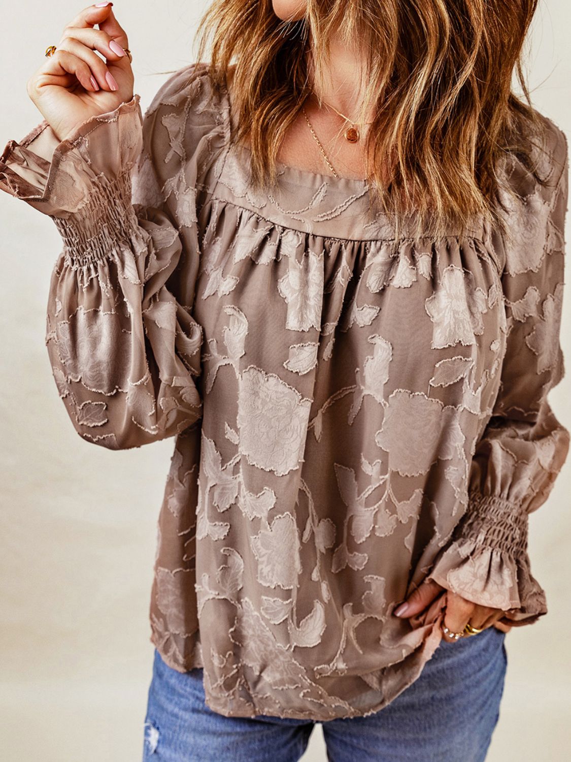 A stylish Applique Square Neck Flounce Sleeve Blouse in solid color, featuring elegant flounce sleeves and a modern square neckline.