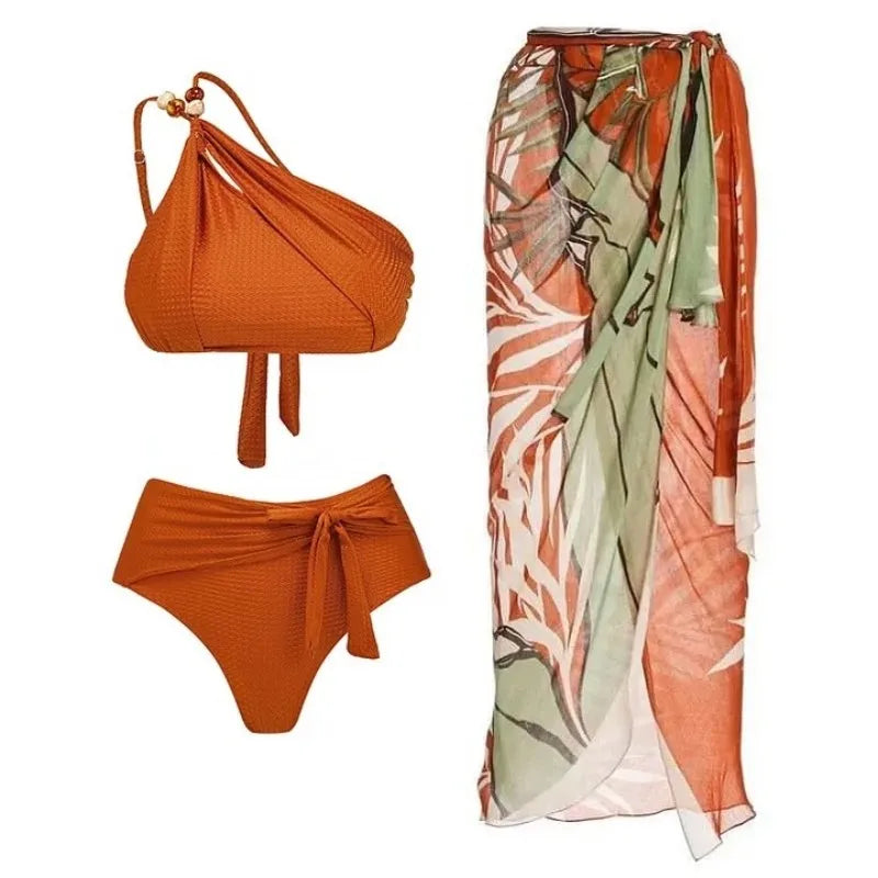 Aquata Two-Piece Swimsuit featuring a high-waisted bottom and wire-free top, available in solid and print patterns.