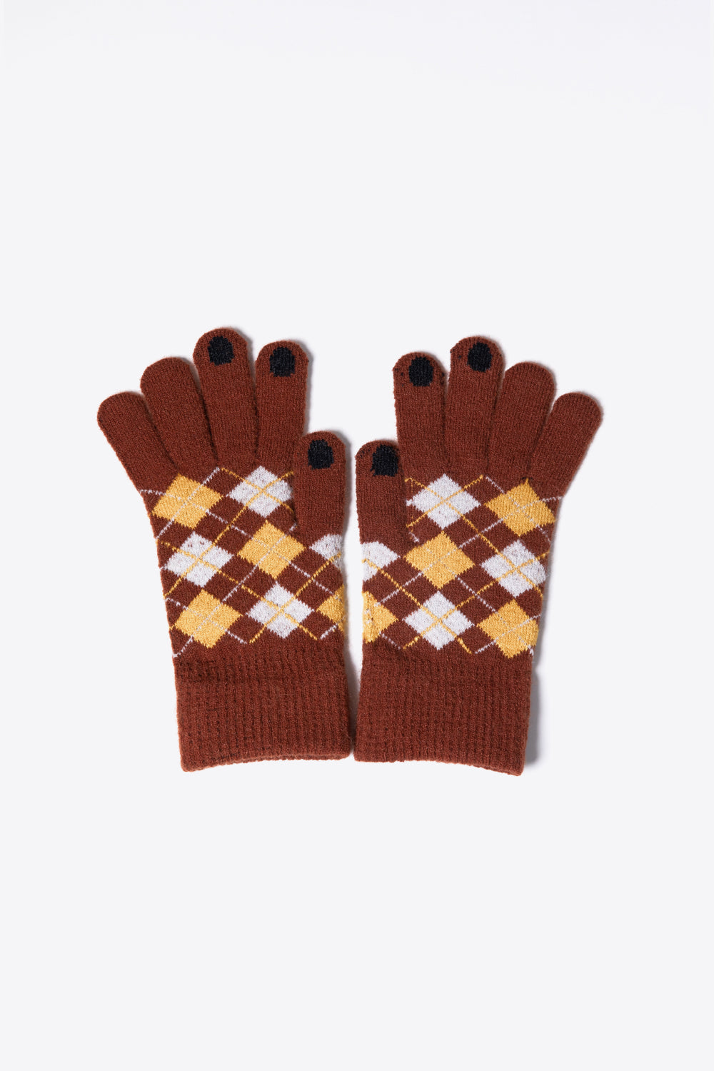 A flat lay image of Argyle Knit Gloves showcasing their stylish pattern and soft acrylic material.