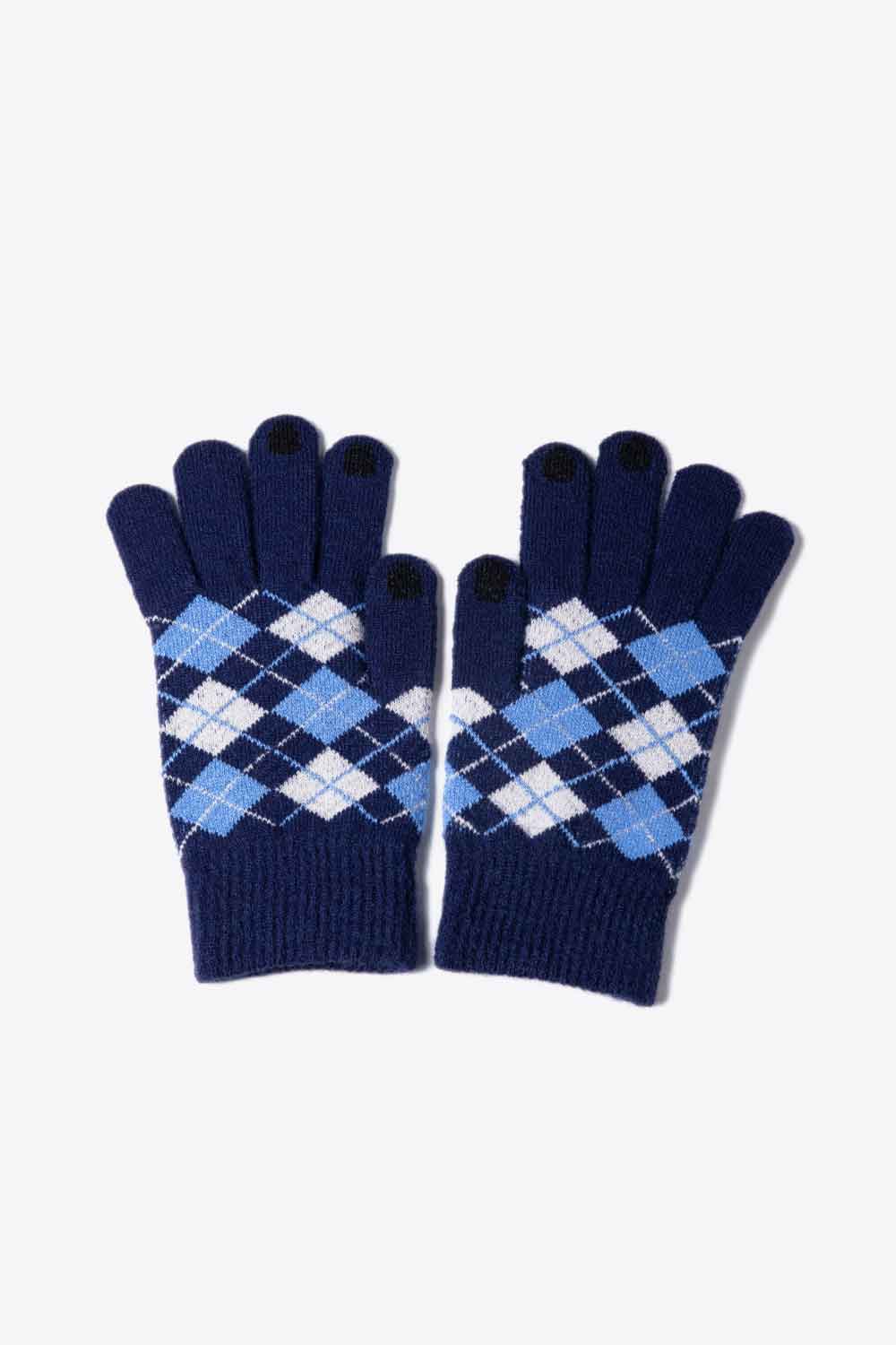 A flat lay image of Argyle Knit Gloves showcasing their stylish pattern and soft acrylic material.