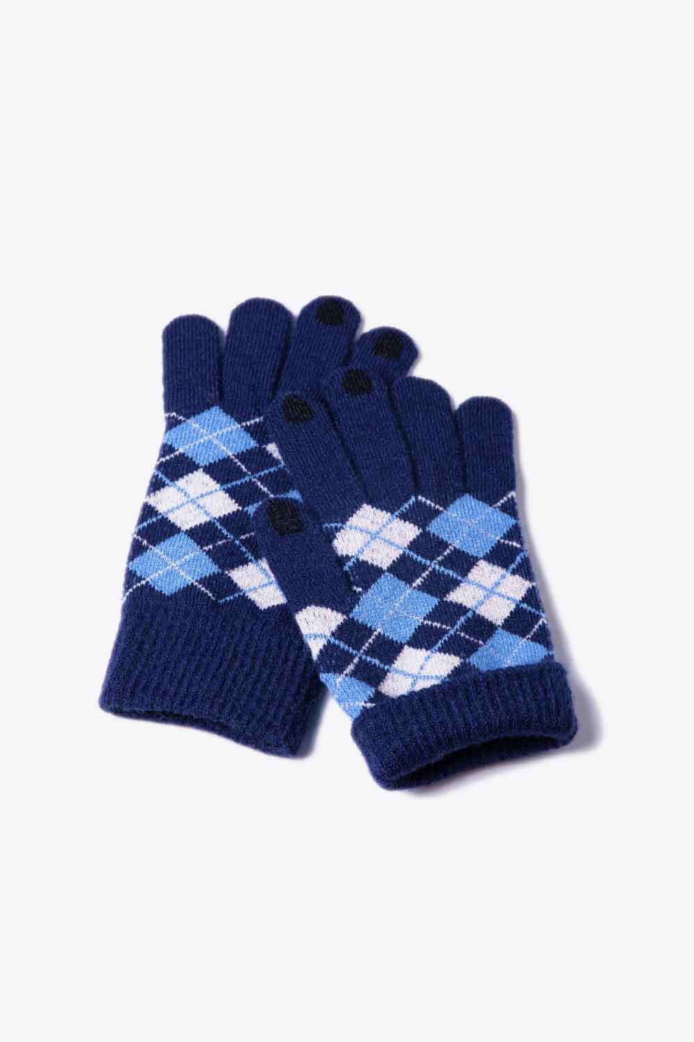 A flat lay image of Argyle Knit Gloves showcasing their stylish pattern and soft acrylic material.