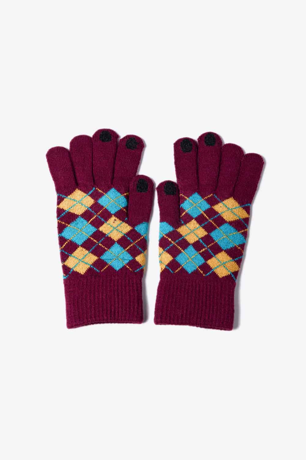 A flat lay image of Argyle Knit Gloves showcasing their stylish pattern and soft acrylic material.