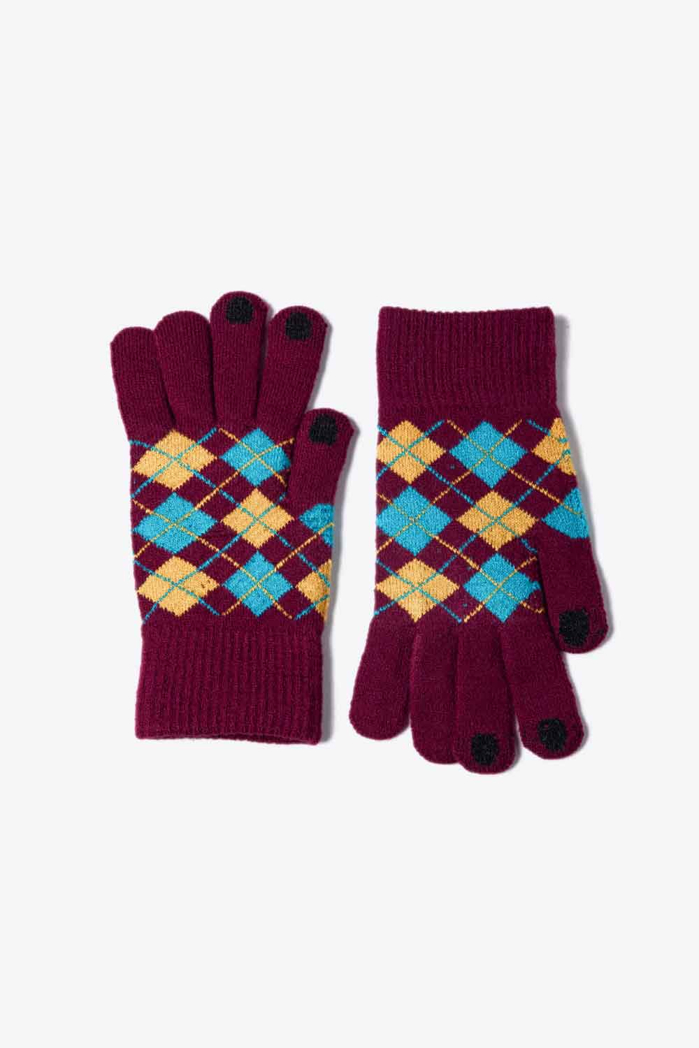 A flat lay image of Argyle Knit Gloves showcasing their stylish pattern and soft acrylic material.