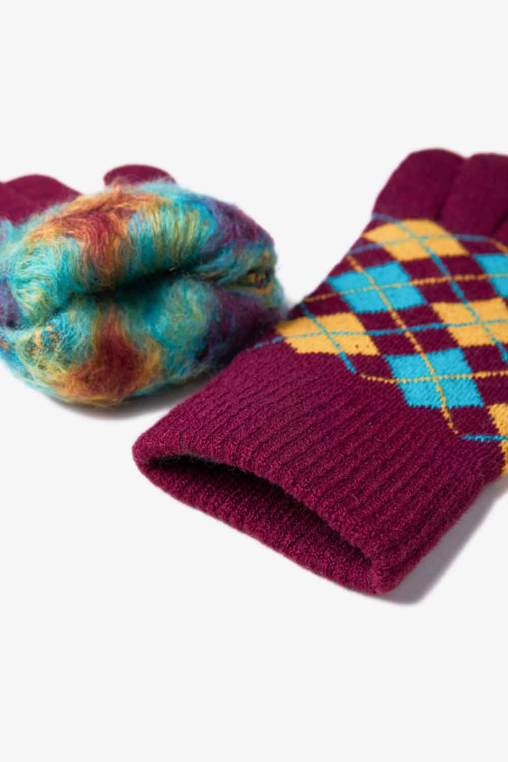 A flat lay image of Argyle Knit Gloves showcasing their stylish pattern and soft acrylic material.