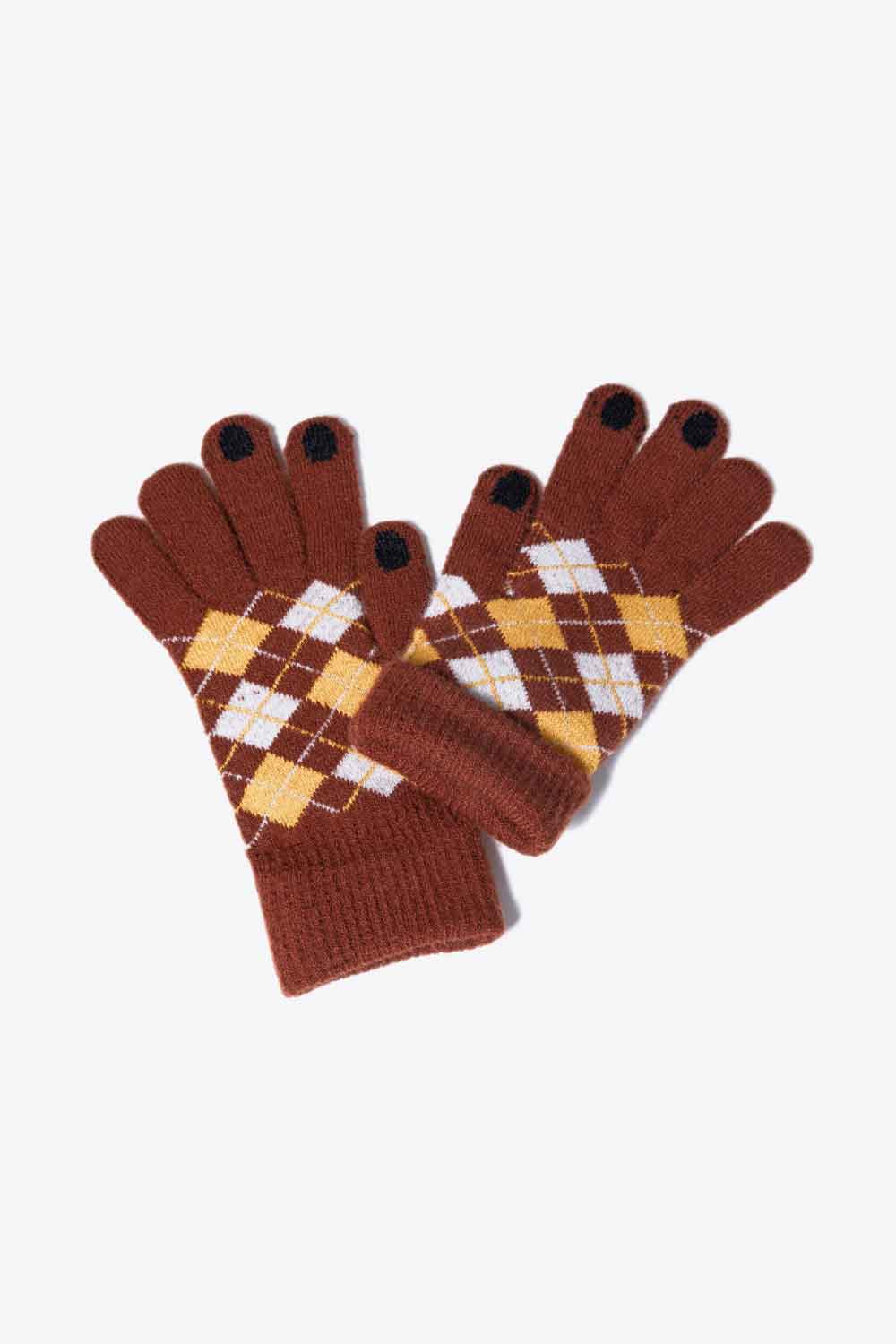 A flat lay image of Argyle Knit Gloves showcasing their stylish pattern and soft acrylic material.