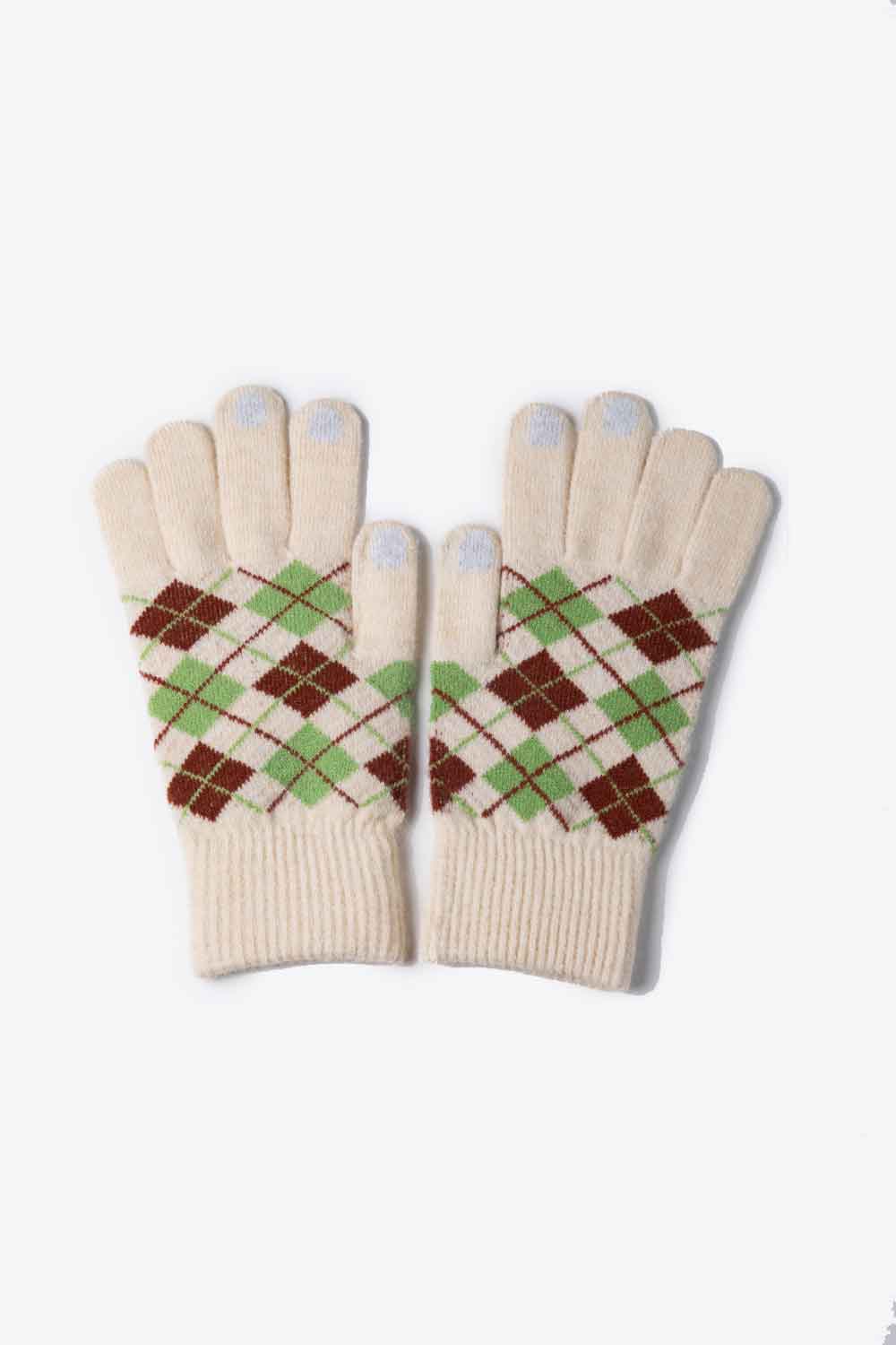 A flat lay image of Argyle Knit Gloves showcasing their stylish pattern and soft acrylic material.