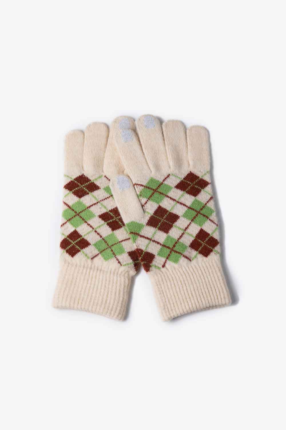 A flat lay image of Argyle Knit Gloves showcasing their stylish pattern and soft acrylic material.