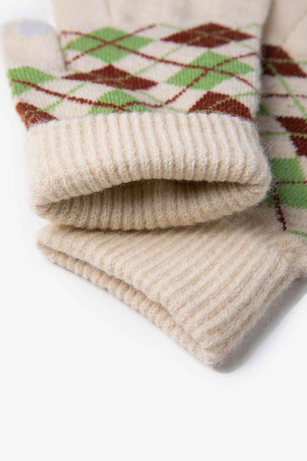 A flat lay image of Argyle Knit Gloves showcasing their stylish pattern and soft acrylic material.