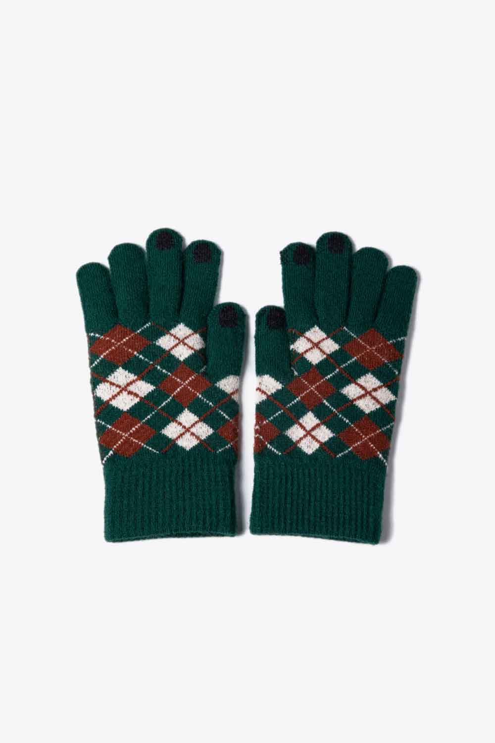 A flat lay image of Argyle Knit Gloves showcasing their stylish pattern and soft acrylic material.