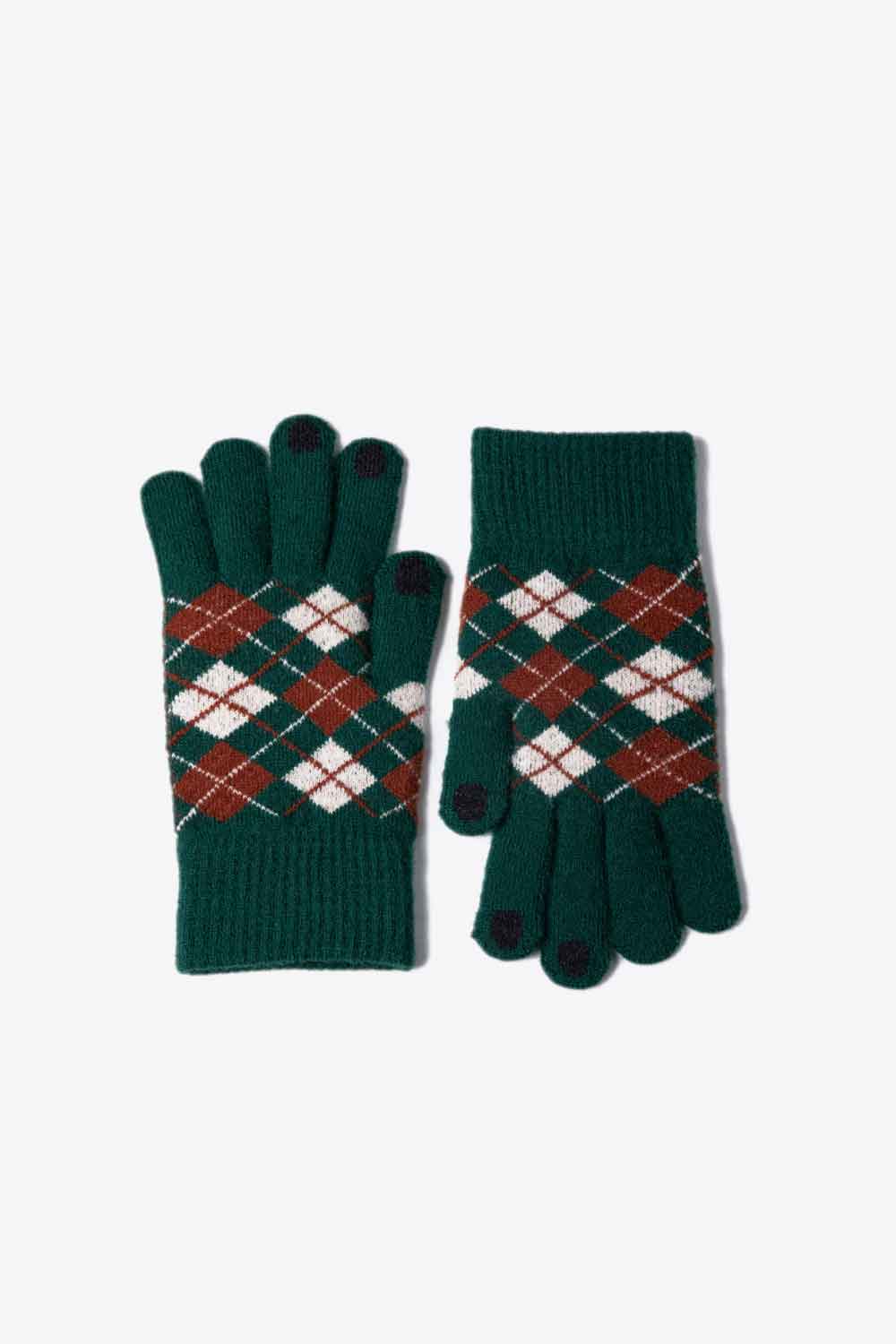 A flat lay image of Argyle Knit Gloves showcasing their stylish pattern and soft acrylic material.