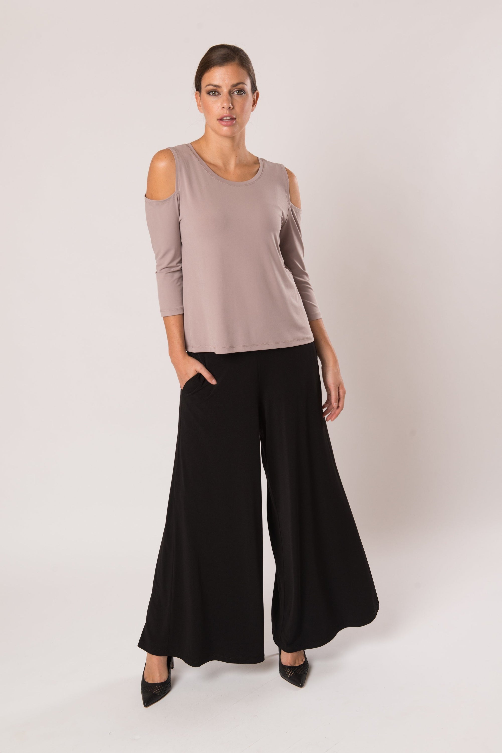 Aria Open Shoulder Top featuring a scoop neck and open shoulder design in a relaxed fit, perfect for casual or dressy occasions.