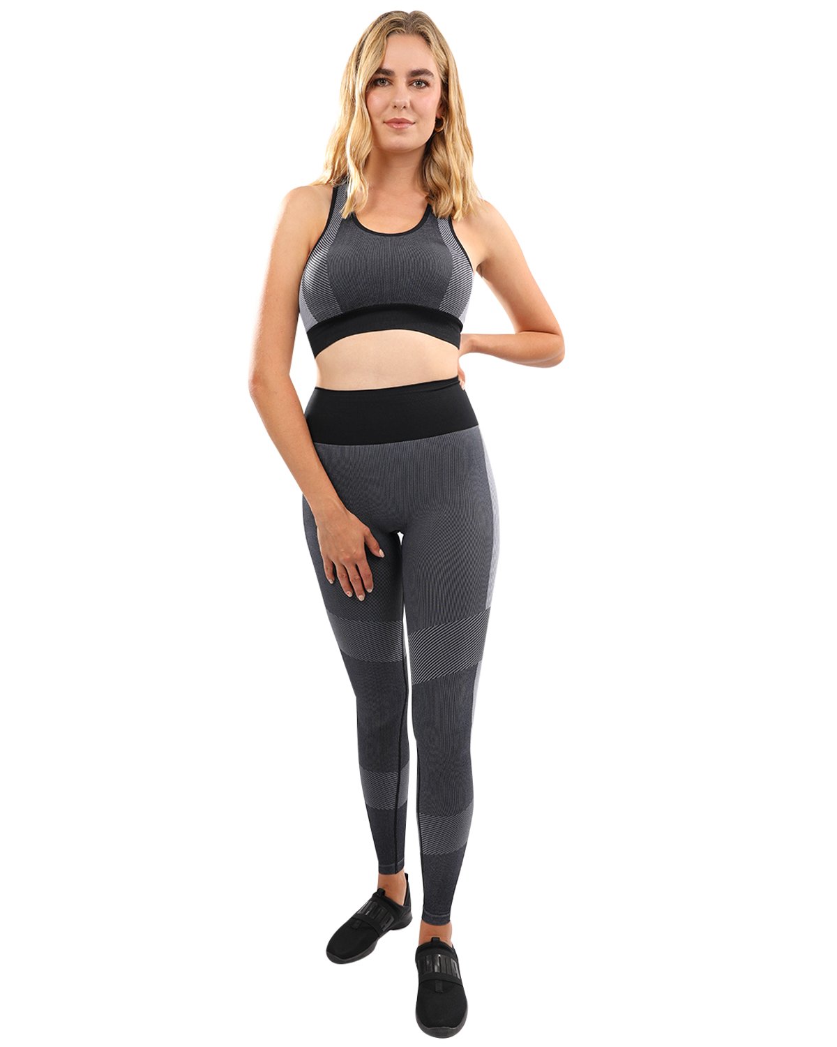 Arleta Seamless Leggings and Sports Bra Set in Black, featuring stylish black and grey detailing, perfect for workouts and casual wear.