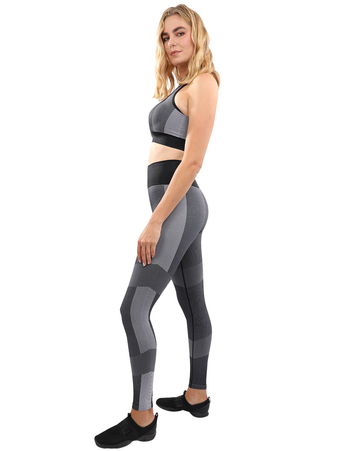 Arleta Seamless Leggings and Sports Bra Set in Black, featuring stylish black and grey detailing, perfect for workouts and casual wear.