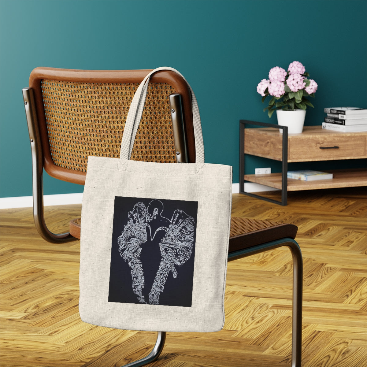 ART BAGGE Canvas Tote in light beige with linen texture, showcasing custom artwork on one side.